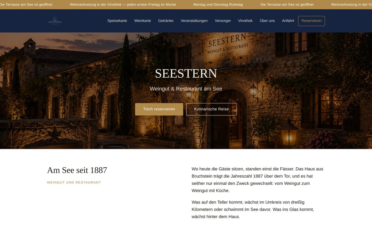 Startseite des Muster-Restaurants mit Titelbild, Menü und Reservierungsknopf