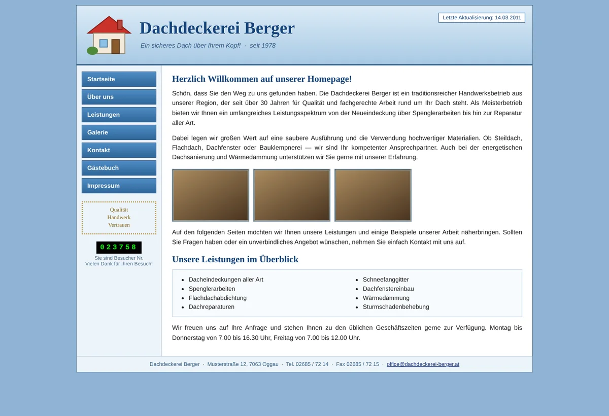 Website eines Dachdeckerbetriebs im Zustand von 2011
